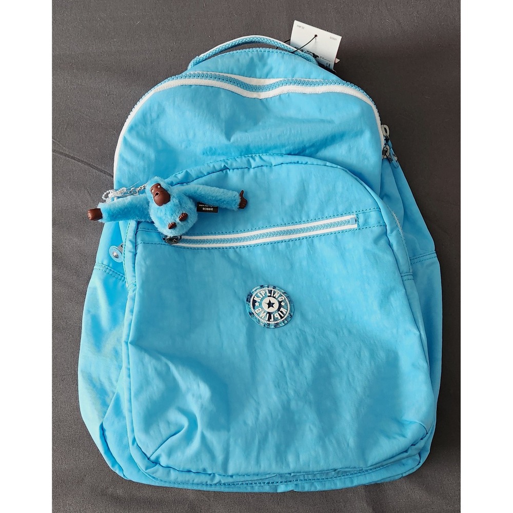 Kipling Seoul Medium Blue Nylon Backpack Zip Adjustable Straps Monkey Keychain